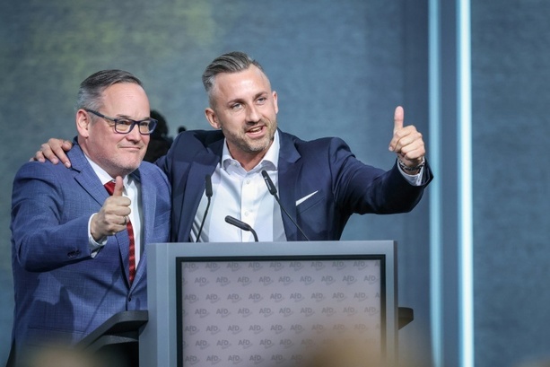 Bild vergr&ouml;&szlig;ern: Foto mit erhobenem Arm: Rücktrittsforderungen an Sachsen-Anhalts AfD-Chef Reichardt