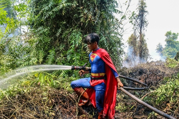 Bild vergr&ouml;&szlig;ern: Superman gegen die Flammen: Verkleideter Jugendlicher in Indonesien bekämpft Waldbrände